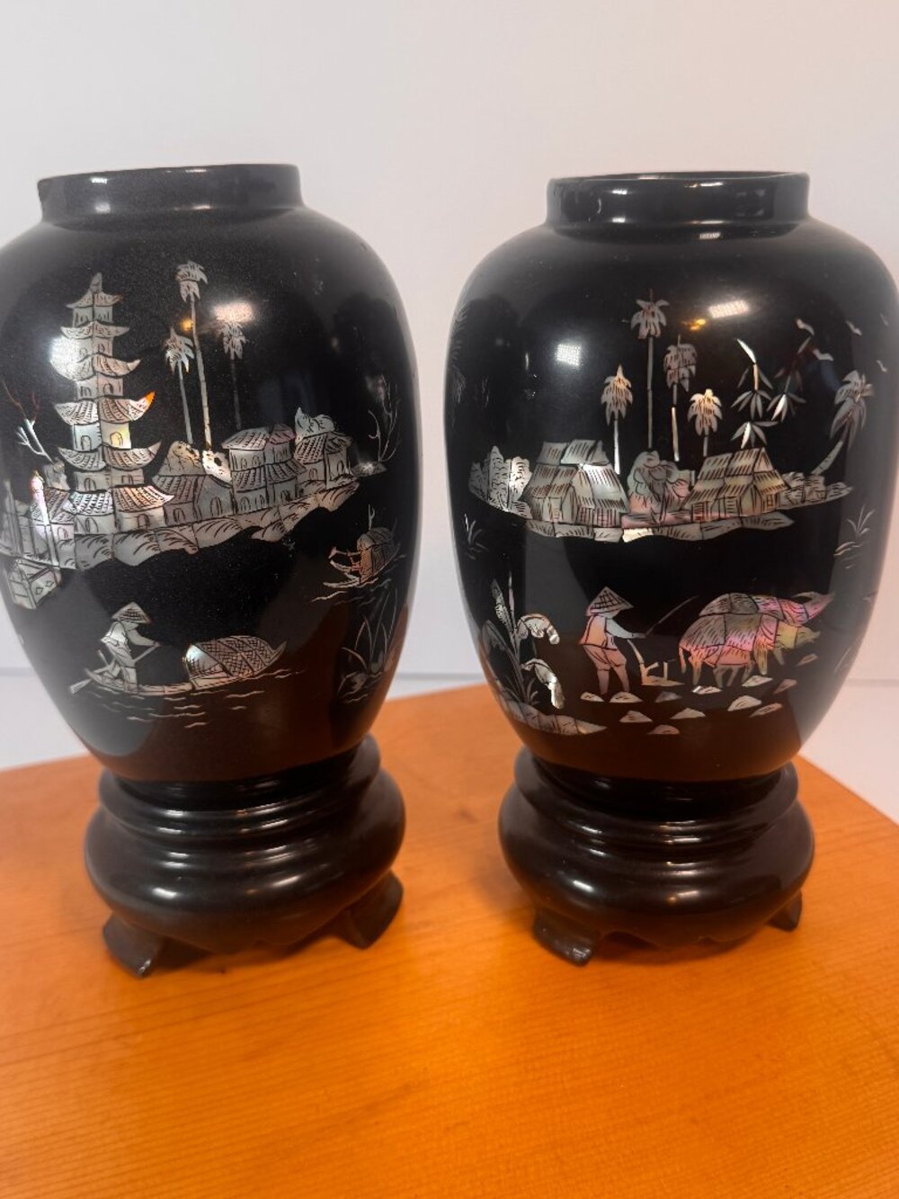 Vintage black lacquer vase/vessel with traditional East Asian-style inlay